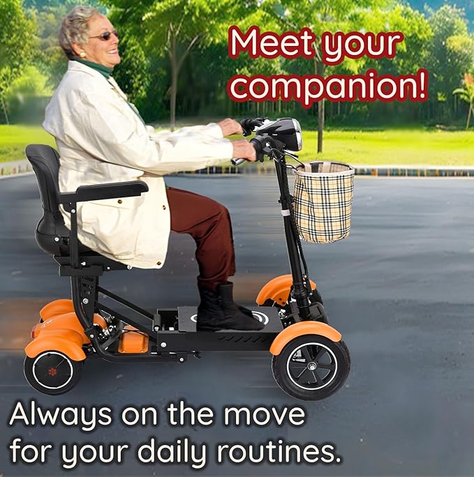 Dragon Mobile EX 4 Wheel Foldable Mobility Scooter for Adults, Elderly & Travel - All Terrain Aluminum Alloy Power Wheelchair with Premium Large Seat - Front Basket Included (Matte Orange)