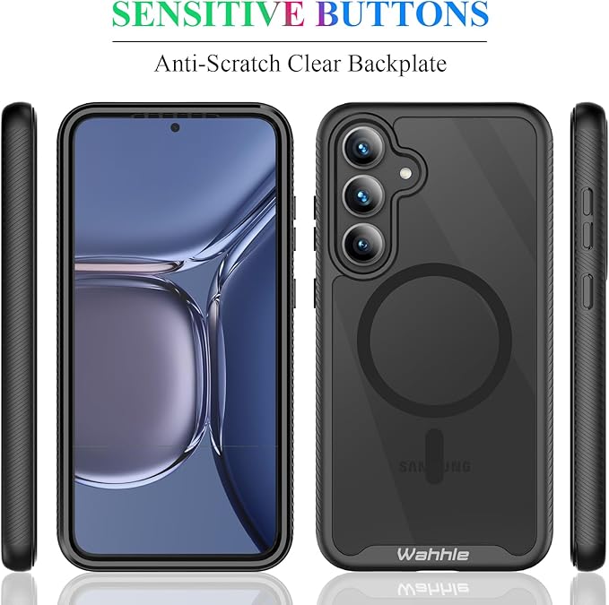 wahhle Compatible with Samsung Galaxy S25 Case, Magnetic Wireless Charging Built in Screen Protector Full Body Shockproof Slim Fit Bumper Protective Phone Cover for S25 -Black/Clear