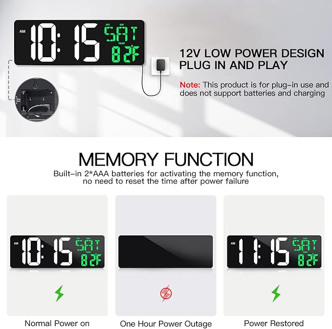 17 Inch Large Digital Wall Clock with Remote Control, Automatic Brightness Dimmer Digital Wall Clock Large Display with Day/Date/Temperature, Snooze, Count Up & Down Timer for Living Room, Office, Gym