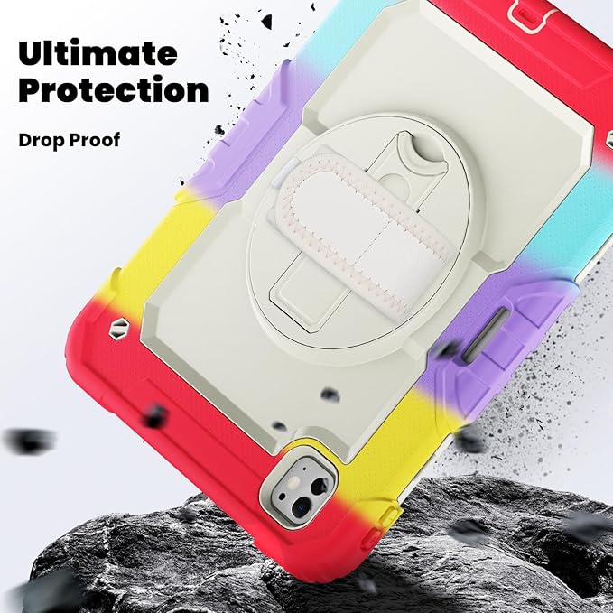 Dteck for iPad Pro 11 inch (M4/M5) 2024/2025 Shockproof Case with Screen Protector/Stylus Pencil Holder/Rotating Kickstand/Grip Hand Strap, Heavy Duty Protective Rugged Tablet Cover, Colorful Red