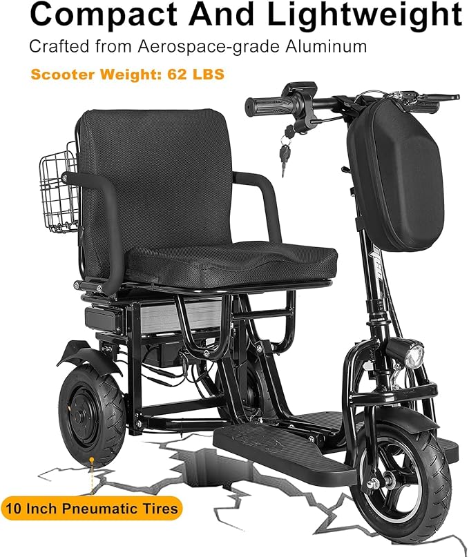 3-Wheel Foldable Mobility Scooter for Adults and Seniors, 300 lbs Capacity, Long-Range Lithium Battery, Lightweight with Basket, Attached Airline Battery