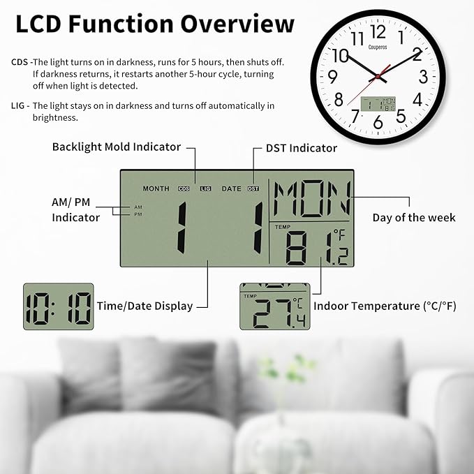 12 Inch Digital Wall Clock with Lighted LCD Display Temp, Week, Switchable Time and Perpetual Calendar, DST Function, Silent Battery Operated Analog Black Clock for Bedroom Office Classroom