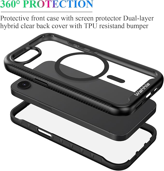 wahhle Compatible with iPhone 16e Case, Magnetic Built in Screen Protector Full Body Shockproof Slim Fit Bumper Protective Phone Cover Men Women 6.1“-Black/Clear