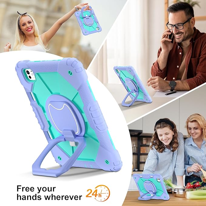 Dteck for iPad Pro 11 inch (M4/M5) 2024/2025 Release Shockproof Case with Shoulder Strap/Pencil Holder/Rotating Kickstand Handle, Heavy-Duty Sturdy Rugged Cover, Protective Tablet Shell, Purple Mint