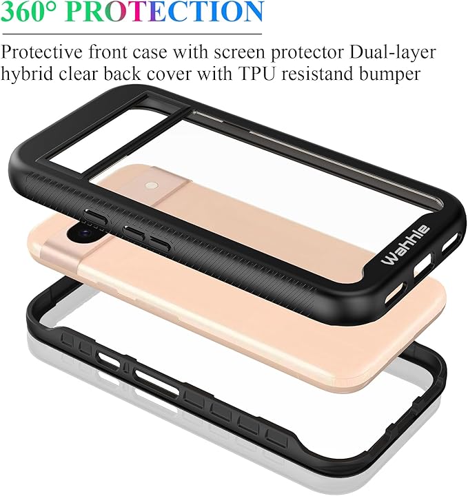 wahhle Compatible with Google Pixel 8A Case, Built in Screen Protector Full Body Shockproof Slim Fit Bumper Protective Phone Cover for Pixel 8A Men Women-Black/Clear