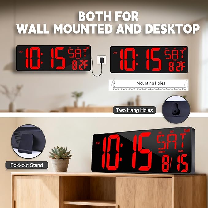 Digital Wall Clock Large Display: 16.5" LED Digital Clock with Remote Control Temperature Date Week Auto DST Adjustable Brightness, Big Wall Clock for Bedreeom Kitchen Living Room Office Gym