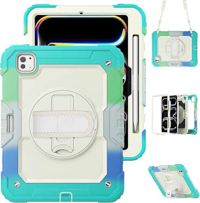 Dteck for iPad Pro 11 inch (M4/M5) 2024/2025 Shockproof Case with Screen Protector/Stylus Pencil Holder/Rotating Kickstand/Grip Hand Strap, Heavy Duty Protective Rugged Tablet Cover, Colorful Mint