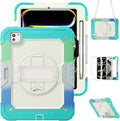 Dteck for iPad Pro 11 inch (M4/M5) 2024/2025 Shockproof Case with Screen Protector/Stylus Pencil Holder/Rotating Kickstand/Grip Hand Strap, Heavy Duty Protective Rugged Tablet Cover, Colorful Mint