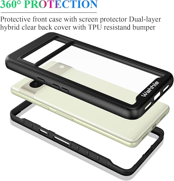 wahhle Compatible with Google Pixel 7 Case, Built in Screen Protector Full Body Shockproof Slim Fit Bumper Protective Phone Cover Men Women-Black/Clear