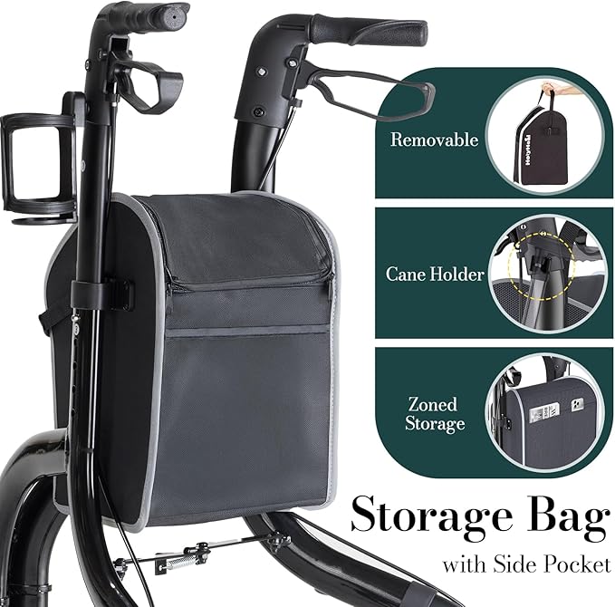 3 Wheel Walkers for Seniors, Lightweight Rollator Walkers Foldable for Elderly with Cane Hold and Cup Hold, Height Adjustable Aluminum Three Wheel Rolling Walker Mobility Aid, Black
