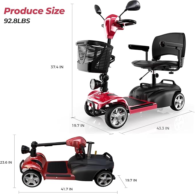 iScooter 4 Wheels Mobility Scooter, Up to 300LBS Mobility Scooter for Seniors & Adults, Foldable Electric Wheelchair Device, LED Headlight, Basket, Cup Holder,Long Range,USB Charging