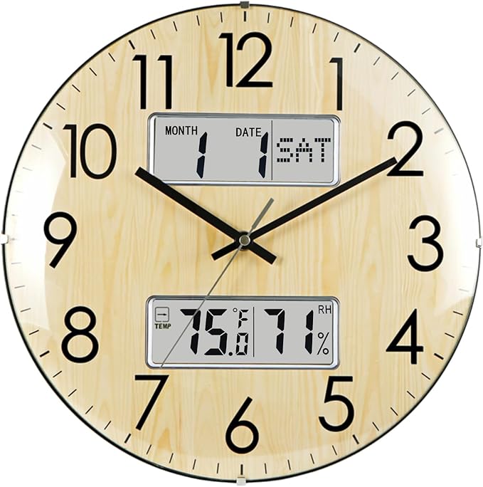 Nbdeal 13-Inch Analog Silent Wall Clock with Calendar Temperature & Humidity (Natural)