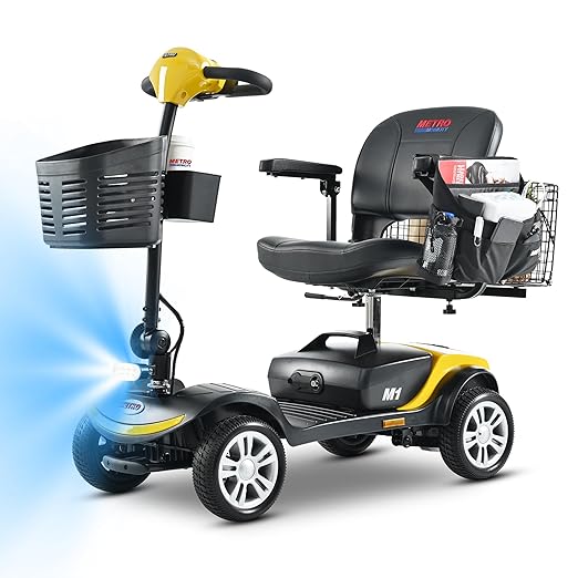 Metro Mobility 4 Wheel Powered Mobility Scooters, 300 lbs Capacity Mobility Scooters for Adults, Folding Mobility Scooter Lightweight, Electric Scooters for Seniors 10 Miles Range LED Light Yellow