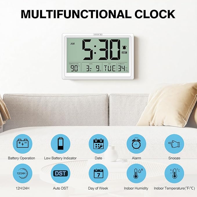 XREXS 10.4 Inch Digital Wall Clock, Battery Operated Large Display Clock, Digital Calendar with Indoor Temperature/Humidity/Date/Day, Auto DST for Classroom, Livingroom, Office(No Backlight)(White)