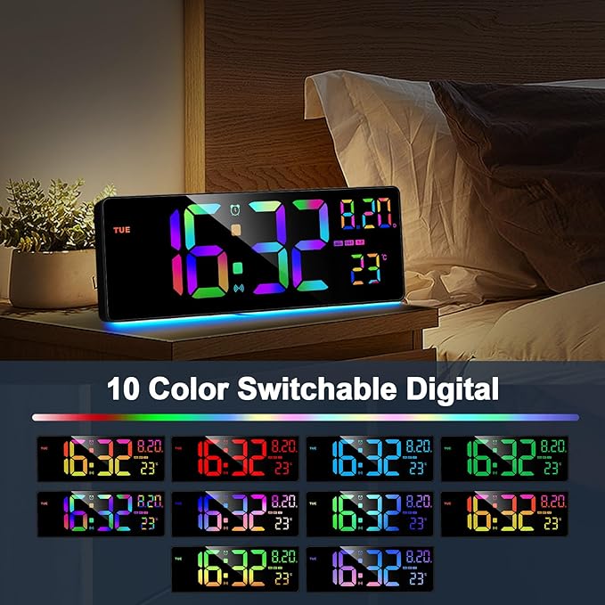 XREXS 16.3" Bluetooth Large Digital Wall Clock with Remote Control, Auto Time Sync, 6 Color Night Lights Adjustable Dimmer 10 RGB Color Changing Large Display for Home, Gym, Office and Classroom