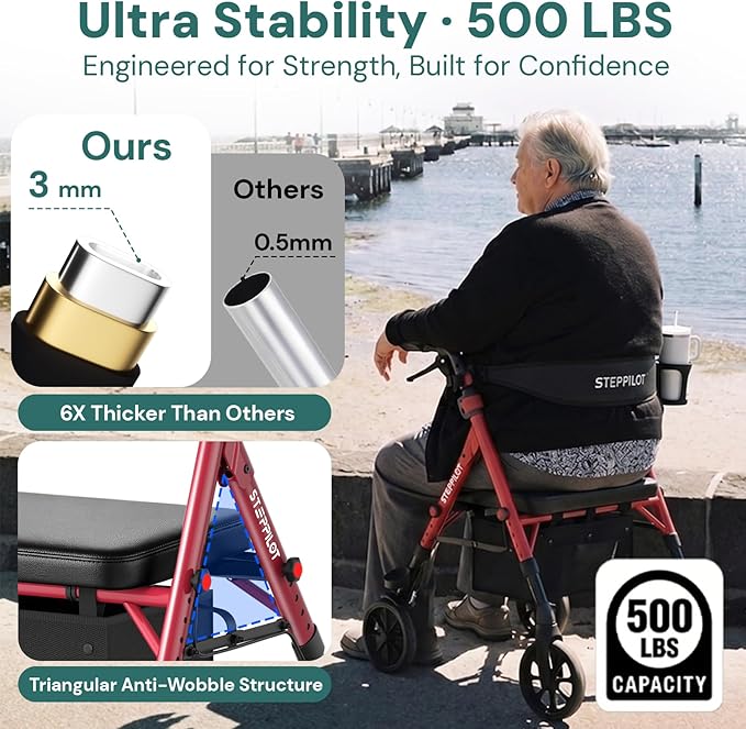 Bariatric Rollator Walker with Seat for Seniors, 500lb Capacity Aluminum Frame, Zero Wobble, 16lb Lightweight, 8" All Terrain Wheels, 10-Level Adjustable Handle/Seat, Cup Holder, Cane Clip