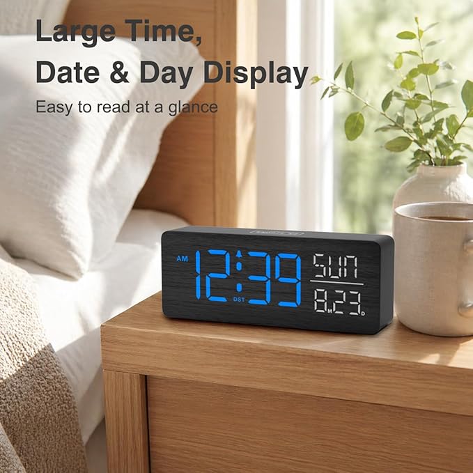 Peakeep Wooden Digital Alarm Clock Large Display, Textured Decoration for Bedroom, Living Room, Plug in Clock with Time Date Day, 5 Brightness, Auto DST