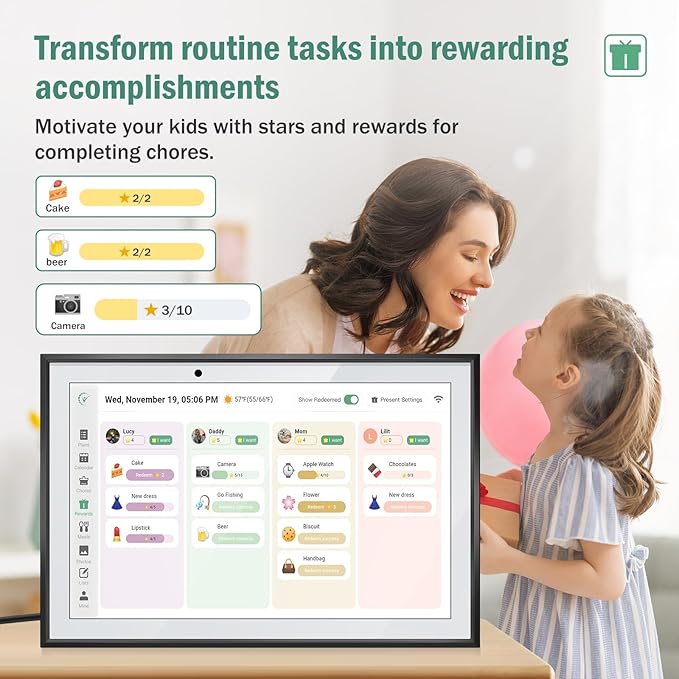 WiFi Digital Calendar Smart Family Planner,Chore Charts, Achievement Rewards, AI Meal Planning, Smart Touchscreen Interactive Display for Schedules and Cloud Photo Desk Bases, Gifts for Women Men, Gifts for Mom Dad, 10.1'' Black