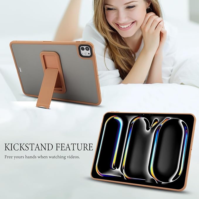 Dteck for iPad Pro 13-inch (M4/M5) 2024/2025 Release Clear Case with Foldable Kickstand, Screen Protector Film, Stylus, Slim Fit Lightweight Protective Thin Transparent Tablet Back Cover Shell, Brown