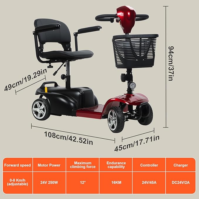 Lightweight Mobility Scooter for Adults & Seniors - with Charger & Basket Travel High-Performance Motor Long Range Power Extended Battery,Portable Motorized Scooters for 16 KM Travel, 300lb Capacity