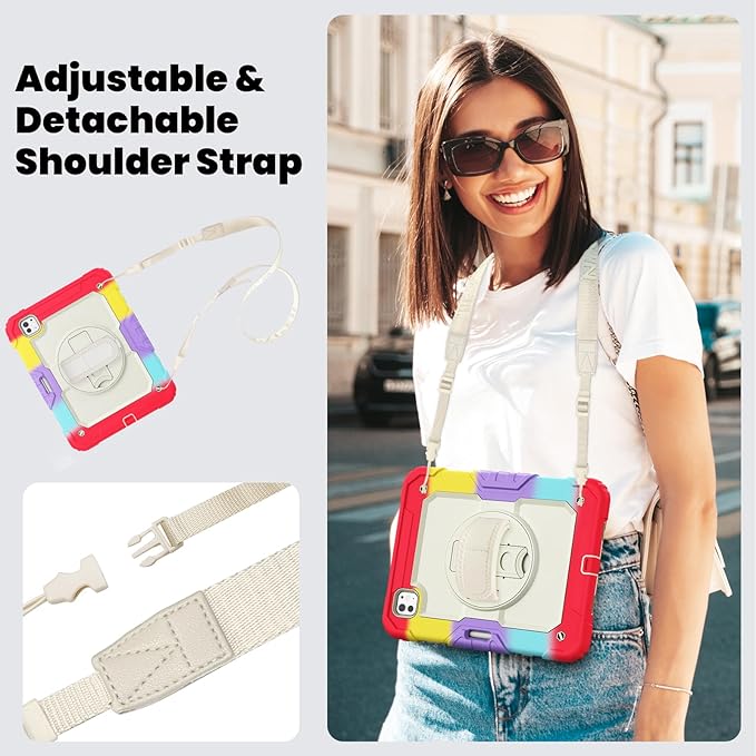 Dteck for iPad Pro 11 inch (M4/M5) 2024/2025 Shockproof Case with Screen Protector/Stylus Pencil Holder/Rotating Kickstand/Grip Hand Strap, Heavy Duty Protective Rugged Tablet Cover, Colorful Red