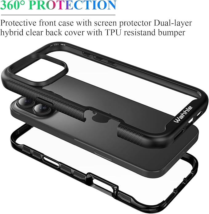 wahhle Compatible with iPhone 16 Pro Max Case, Built in Screen Protector Full Body Shockproof Slim Fit Bumper Protective Phone Cover 6.9'' Men Women-Black/Clear
