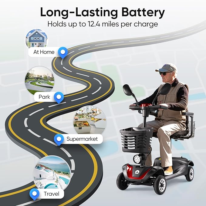 Compact 4 Wheel Mobility Scooter with Display, Foldable Electric Scooter for Seniors and Adults, Heavy Duty Travel Model with Lights, Basket, and Long-Lasting Extended (Black + Red)