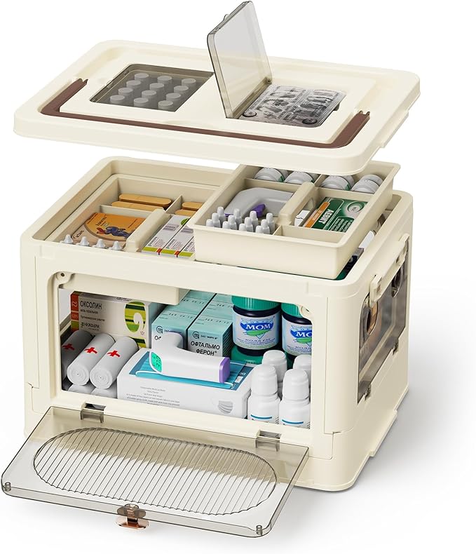 Medicine Box Cabinet Organizer - Empty First Aid Kit Storage, Clear Plastic Portable Container, 3 Tier Pill Bottle Medical Supply Case with Handle, Medication Caddy Chest
