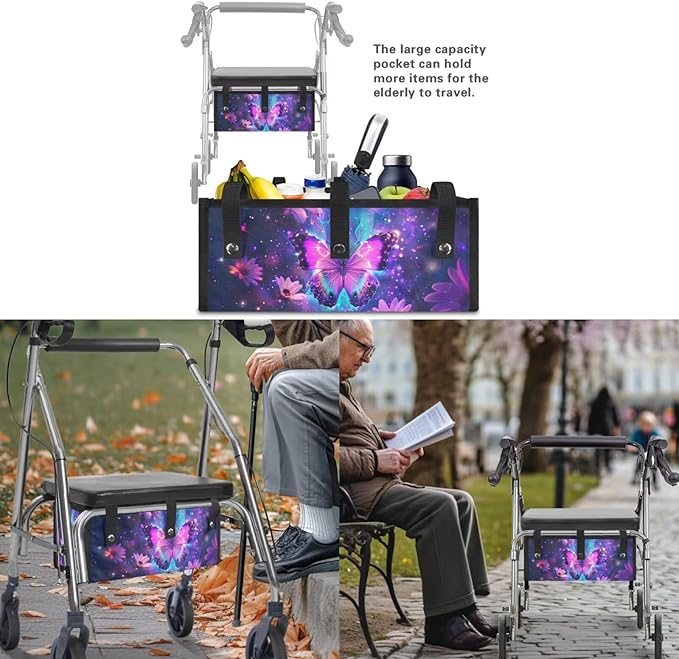 3 Pcs Sets Rollator Walker Accessories Purple Butterfly Walker Seat Cover Rollator Walker Seat & Backrest Covers, Rollator Storage Under Seat Bag