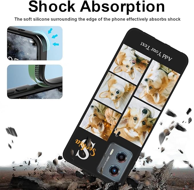 Personalized Picture Case for Motorola Moto G 5G 2023 Customized Name Initials Phone Cover, Custom Multi-Picture Collage Shock-Resistant Soft Protective TPU Case, Gifts for Mother's Day, Black
