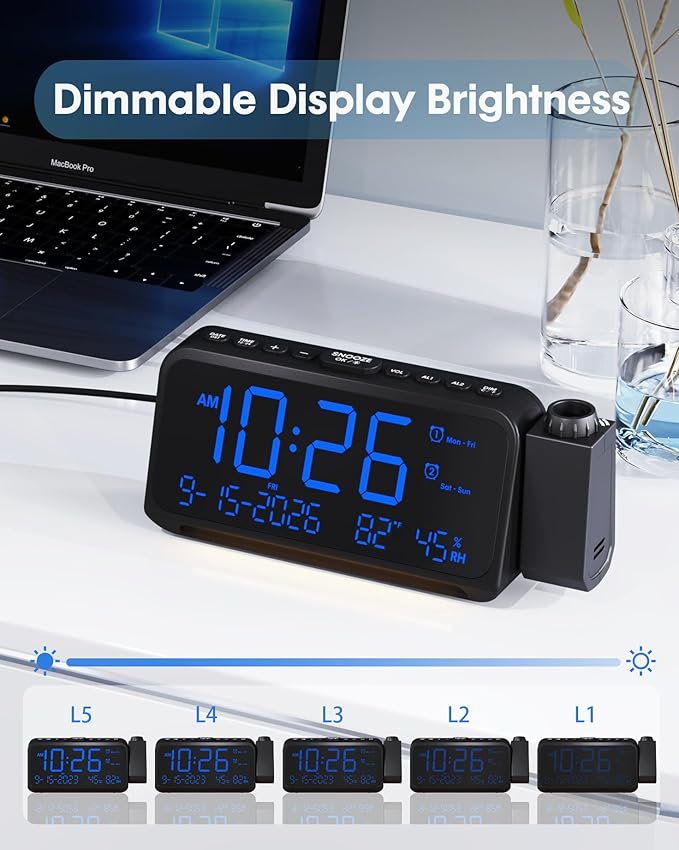 Roxicosly Projection Alarm Clock for Bedroom Ceiling, 118 dB Super Loud for Heavy Sleepers, 6.7" Large Digital Dimmable Display with Day Date Indoor Temp Humidity, Dual Alarms Adjustable Volume