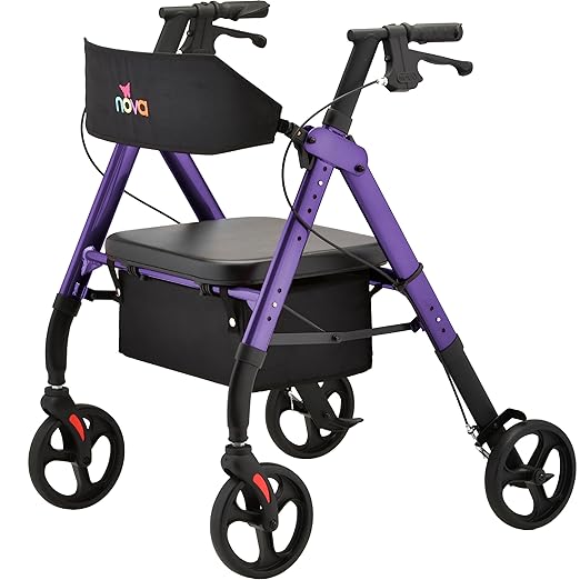 NOVA Star 8 Foldable Rollator Walker for Seniors, 400 lb Weight Capacity, Wide Padded Backrest with Seat, 8” All-Terrain Wheels, Easy-Grip Locking Hand Brakes, Height Adjustable, Purple