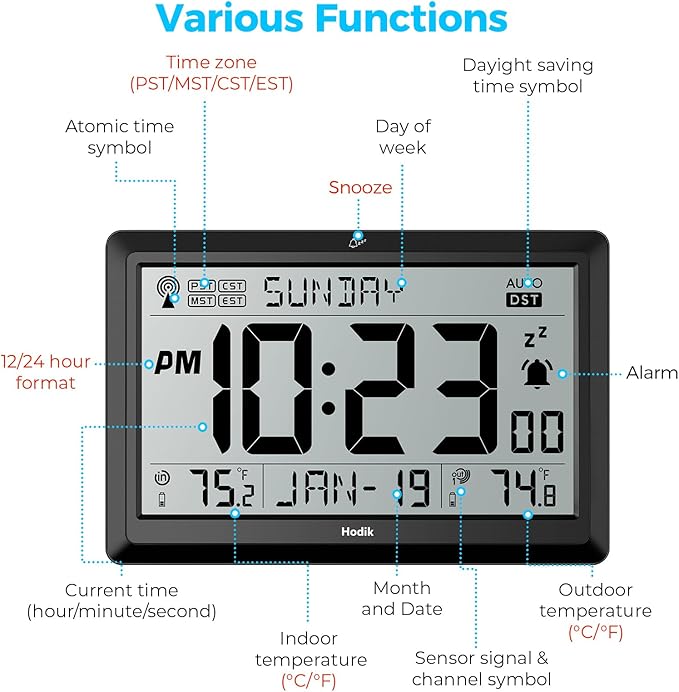 HODIK Wall Clock Atomic with Indoor Outdoor Temperature Battery Powered, Easy Reading with 10.5 Inch LCD Display, 330FT Range Table Wall Clock with DST, 12/24 Hour for Living Room Kicthen (Black)