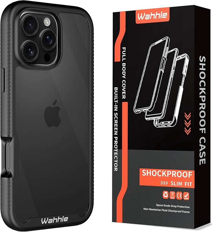 wahhle Compatible with iPhone 16 Pro Case, Built in Screen Protector Full Body Shockproof Slim Fit Bumper Protective Phone Cover 6.3'' Men Women-Black/Clear