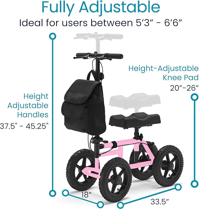 Vive Mobility All Terrain Knee Scooter Walker for Foot Injuries - Adult Broken Leg Crutch Cart Roller for Surgery, Broken Foot, Ankle Injury - Kneeling Rolling Steerable Seated Wheel Scooter Aid