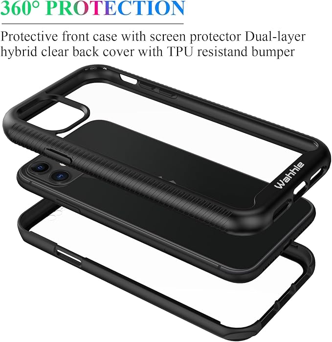 wahhle Compatible with iPhone 11 Case, Built in Screen Protector Full Body Shockproof Slim Fit Bumper Protective Phone Cover 6.1'' Men Women-Black/Clear