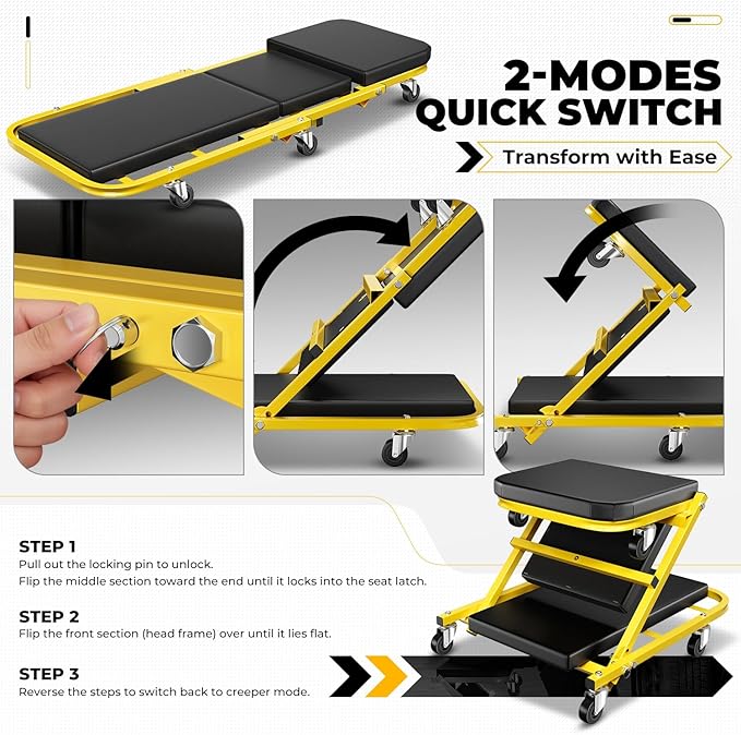 Auto Dynasty 40" Z-Creeper Seat, 2-in-1 Foldable Garage Creeper Shop Seat, 330 LBS Capacity Automotive Mechanic Repair Under Car Rolling Creeper Seat, Yellow