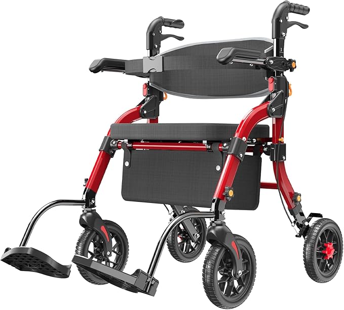 Rollator Walkers for Seniors with Seat, 2-in-1 Walker Wheelchair Combo, Foldable Rolling Walker with Seat, Wheelchairs for Adults – 400 lbs Capacity, Adjustable Height