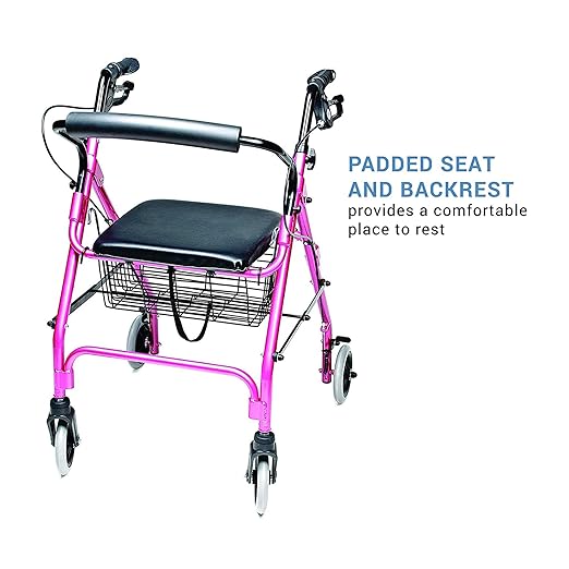 Lumex Walkabout Lite Rollator – Lightweight 14.5 lb. Rolling Walker with Seat for Seniors, Pink
