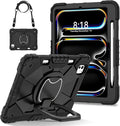 Dteck for iPad Pro 11 inch (M4/M5) 2024/2025 Release Shockproof Case with Shoulder Strap/Pencil Holder/Rotating Kickstand Handle, Heavy-Duty Sturdy Rugged Cover, Protective Hard Tablet Shell, Black