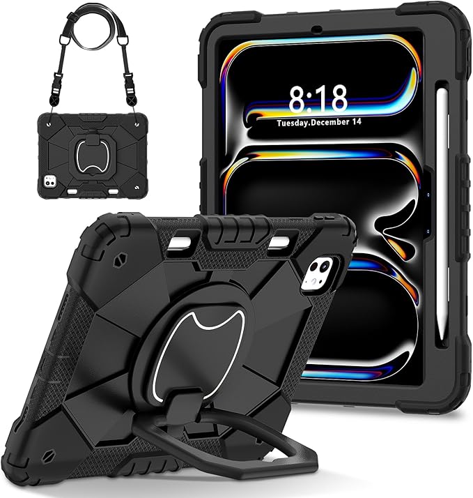 Dteck for iPad Pro 11 inch (M4/M5) 2024/2025 Release Shockproof Case with Shoulder Strap/Pencil Holder/Rotating Kickstand Handle, Heavy-Duty Sturdy Rugged Cover, Protective Hard Tablet Shell, Black