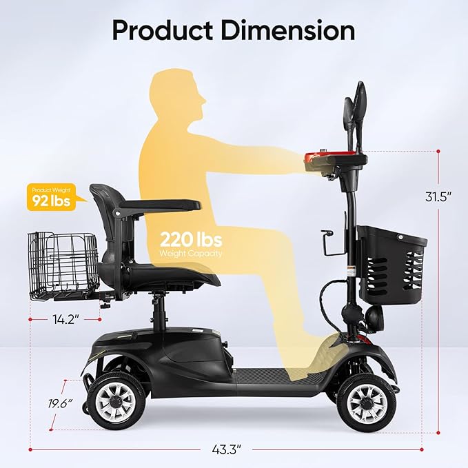 Compact 4 Wheel Mobility Scooter with Display, Foldable Electric Scooter for Seniors and Adults, Heavy Duty Travel Model with Lights, Basket, and Long-Lasting Extended (Black + Red)