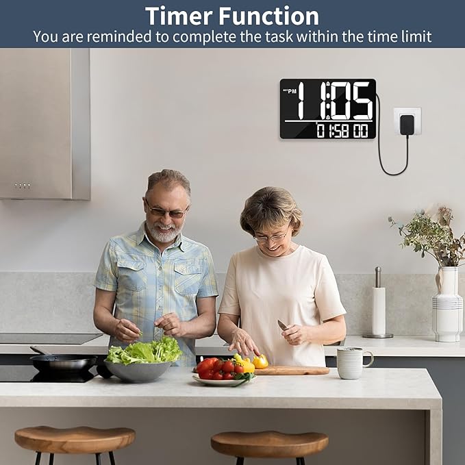 PERSUPER 13" Digital Wall Clock Large Display with Remote, 25 Ringtones, Temperature, Calendar, 0-100% Auto or Custom Brightness, 12/24H, DST, Timer, for Living Room, Kitchen, Bedroom, Office, Elderly