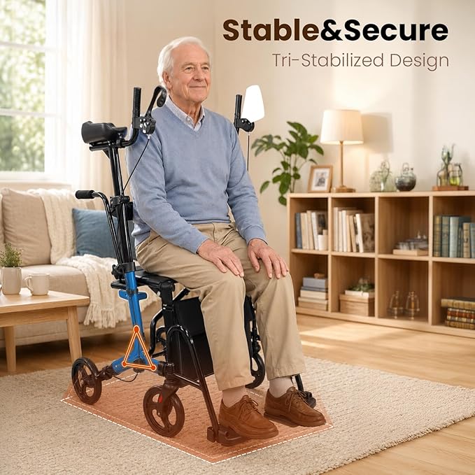 Upright Walkers for Seniors 450 lbs Capacity, 22 lbs Foldable Lightweight Walkers for Seniors with Seat, Armrest and Pedal, Height Adjustable Rollator Walker with Seat for Travel & Gift (Blue)