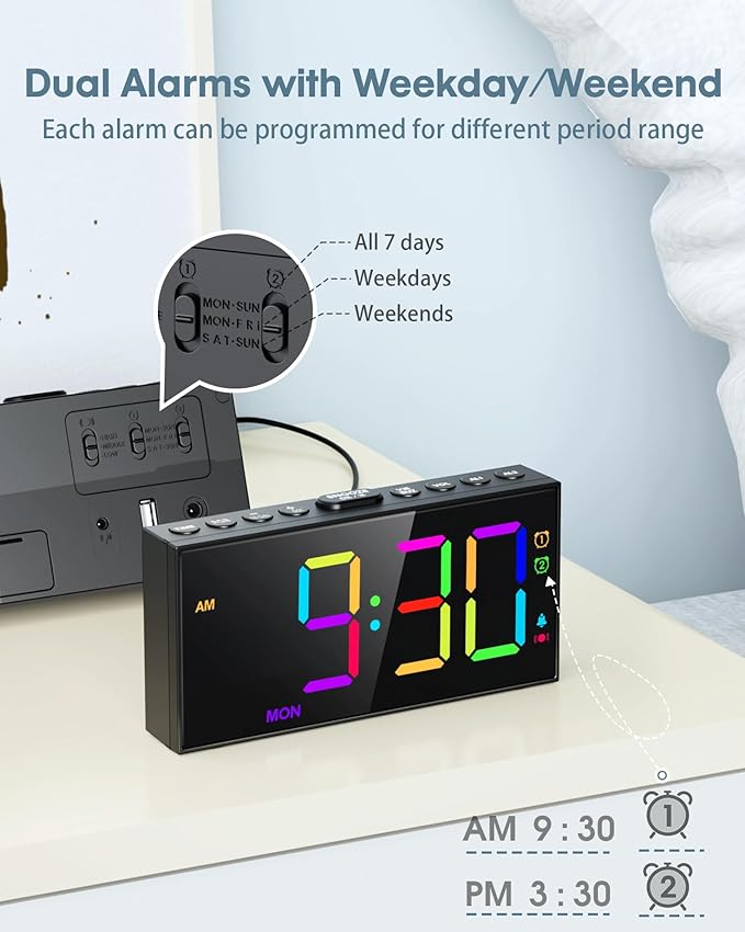 Roxicosly RGB Display Vibrating Alarm Clock with Bed Shaker for Heavy Sleepers Adults, 7-Level Dimmer, Dual Alarms with Weekday & Weekend Mode, Large Digits, Snooze, USB Charger, Battery Backup