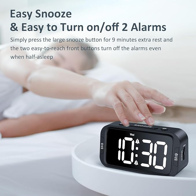 Odokee Digital Dual Alarm Clock for Bedroom, Easy to Set, 0-100% Dimmer, USB Charger, 5 Sounds Adjustable Volume, Weekday/Weekend Mode, Snooze, 12/24Hr, Battery Backup, Compact Clock for Bedside