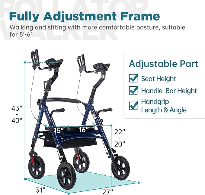 ELENKER All Terrain Heavy Duty Upright Walker with Extra Wide Seat, Foldable Aluminum Bariatric Stand Up Rolling Walker, 10” Wheels, Fully Adjustment Frame, Support up to 500 lbs for Seniors, Blue
