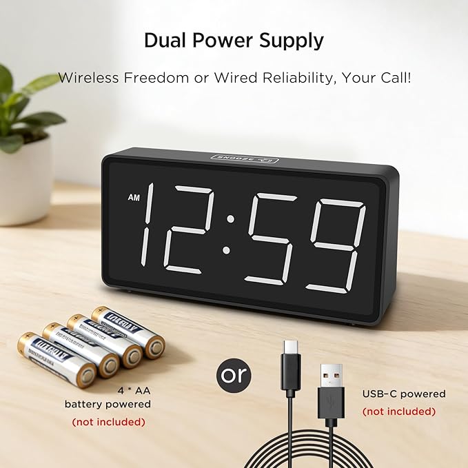 Peakeep Battery Operated Digital Alarm Clock for Bedrooms Cordless - Auto/Manual Dimmer, Volume Adjustable, Large Big Numbers Display, Dual Power Supply