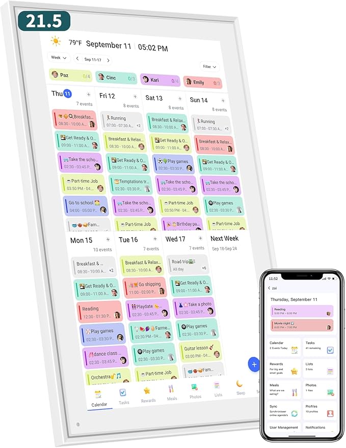 21.5 Inch Digital Wall Calendar – Rewards for Chores! Smart Electronic Family Organizer with Touchscreen, Meal Planner & Photo Frame, Syncs with Google/iCloud, for Wall or Desk, White (New Version)