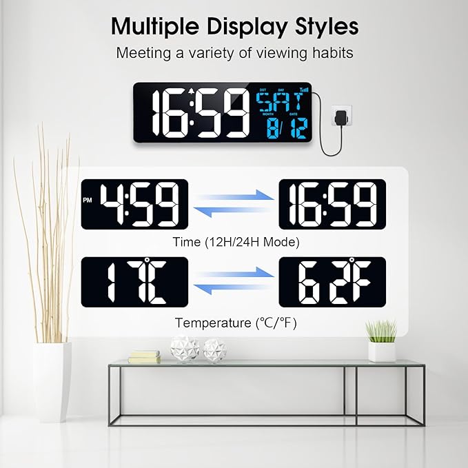 17 Inch Digital Wall Clock Large Display Bluetooth Sync Time, Auto-Dimming Digital Wall Clock with Remote, Date/Week/Temperature/DST, Plug-in Digital Clock for All Large Spaces Use, Gift